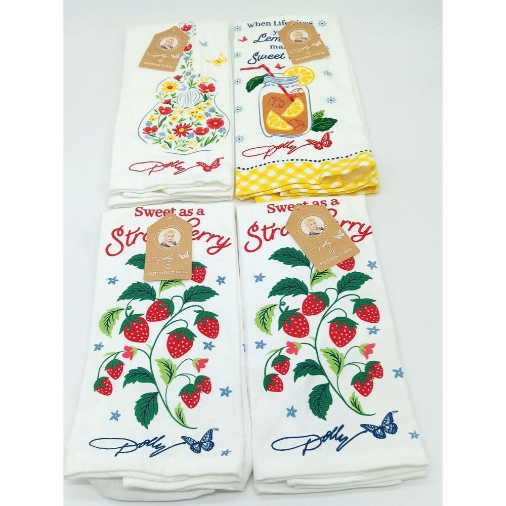 Dolly Parton Kitchen Dish Towels Sweet Tea Strawberry & Wildflower Lot of 4 NWT